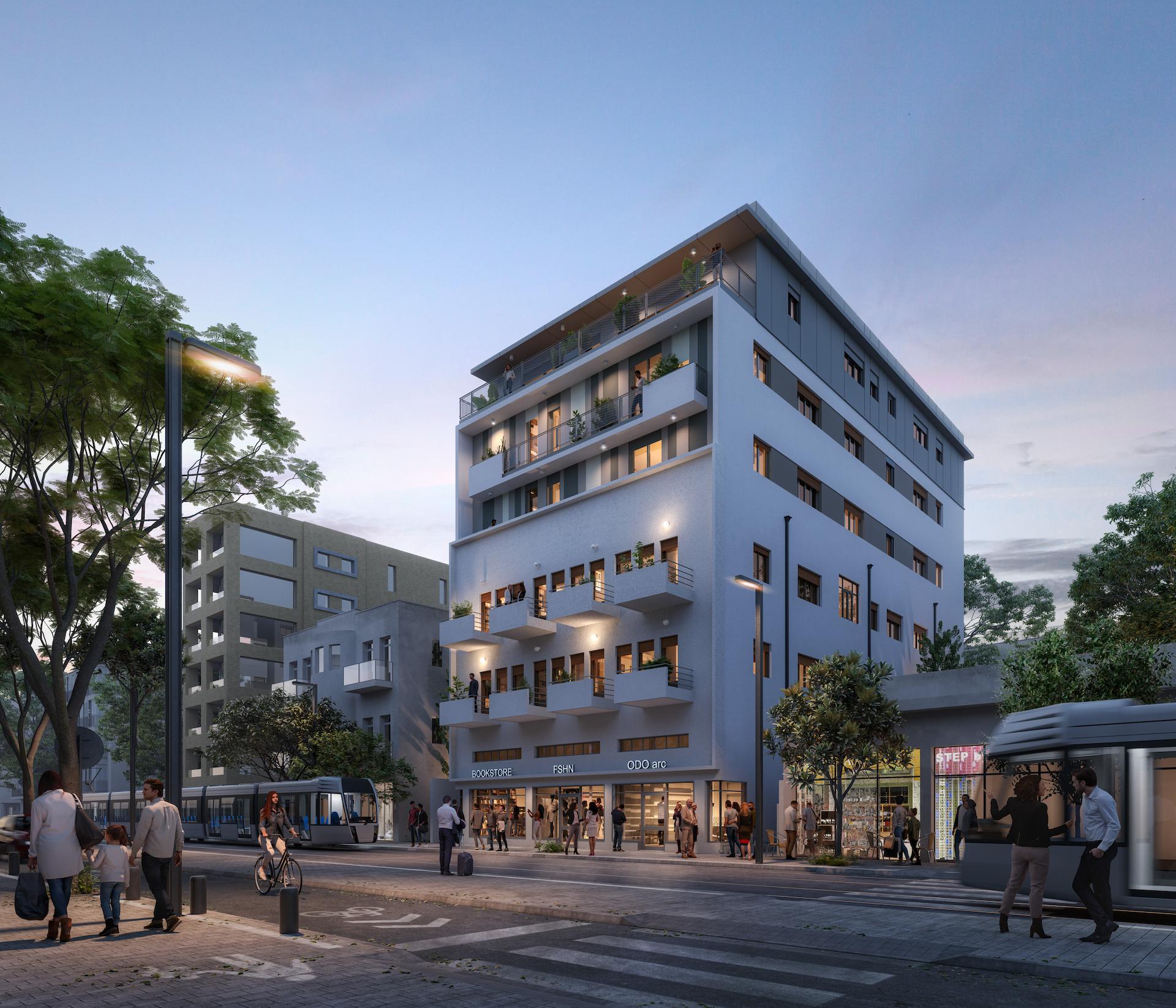 הדמיה של בניין ברחוב אלנבי העתידי של תל אביב. בחזית הבניין בקומת הקרקע חנויות, לפני הבניין רכבות קלות ואנשים צועדים במדרחוב, נוסעת על אופניים