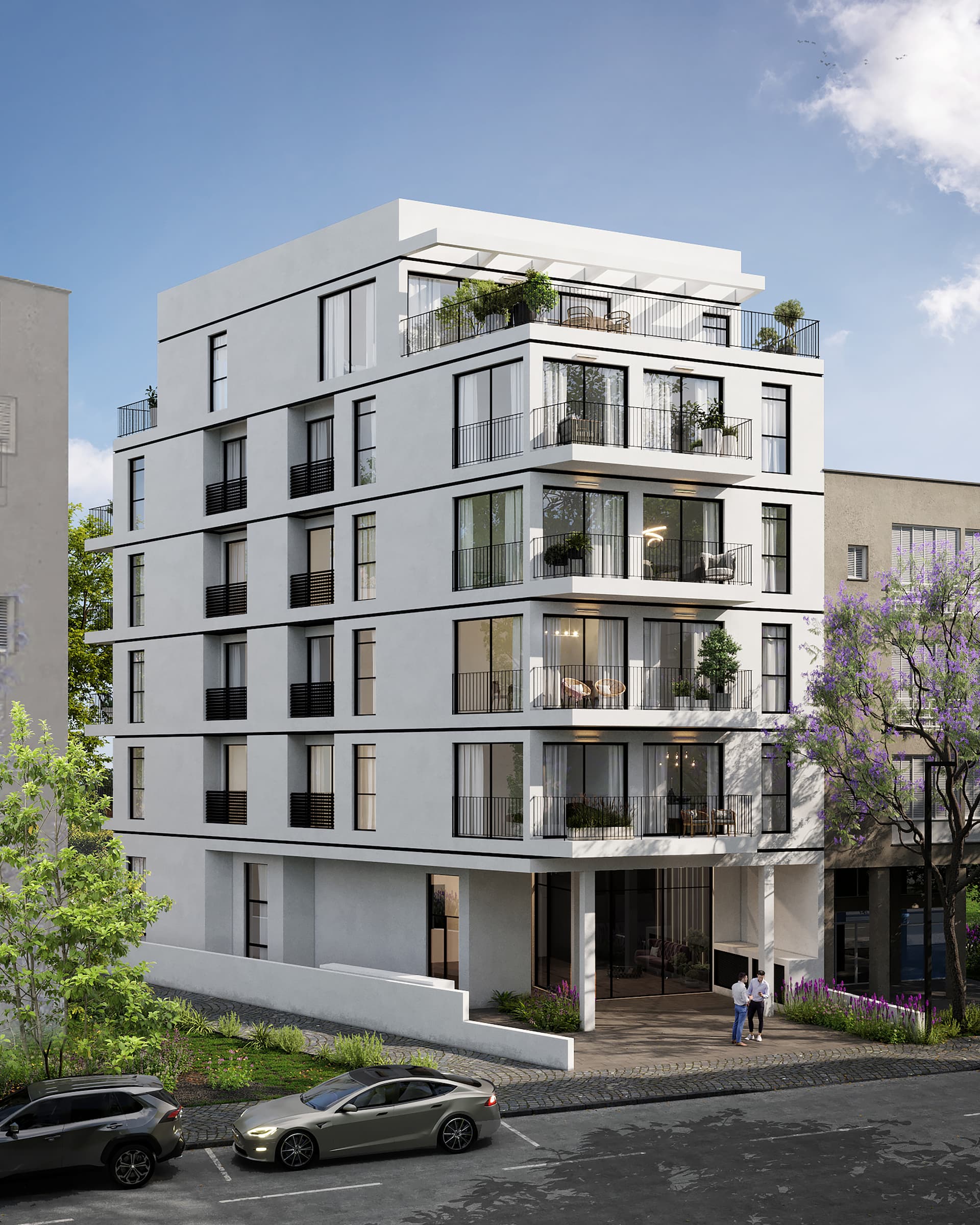 הדמייה של בניין ברחוב פינסקר 5 בתל אביב. שני דיירים בכניסה לפני הלוב