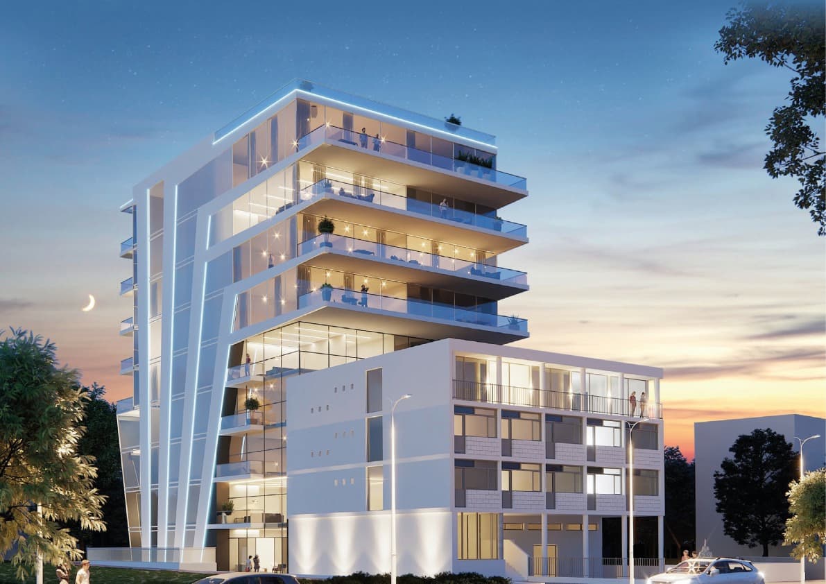 הדמייה של בניין בית הסופר, מואר בשעת בין ערביים