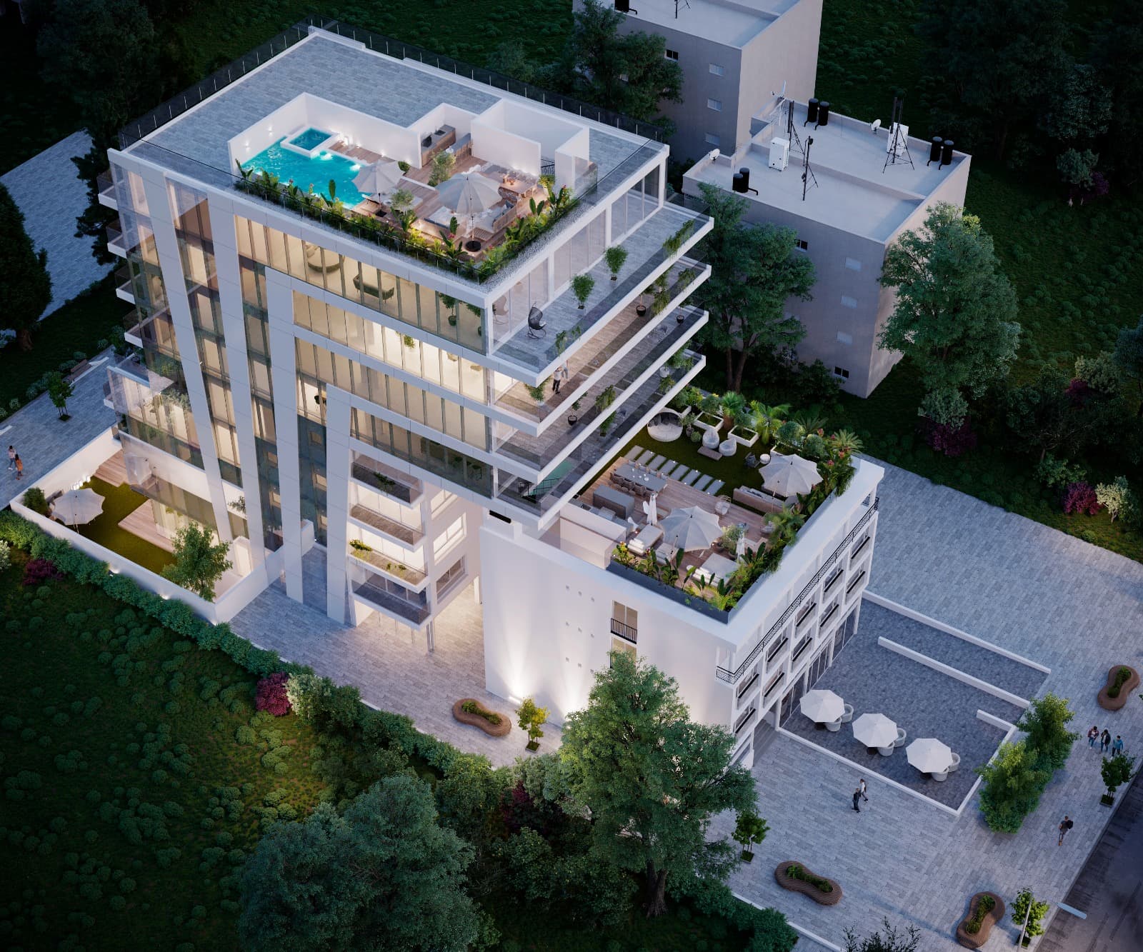 הדמייה של בניין בית הספור ברחוב קפלן בתל אביב. ממבט על רואים את הפנטהאוז והבריכה,