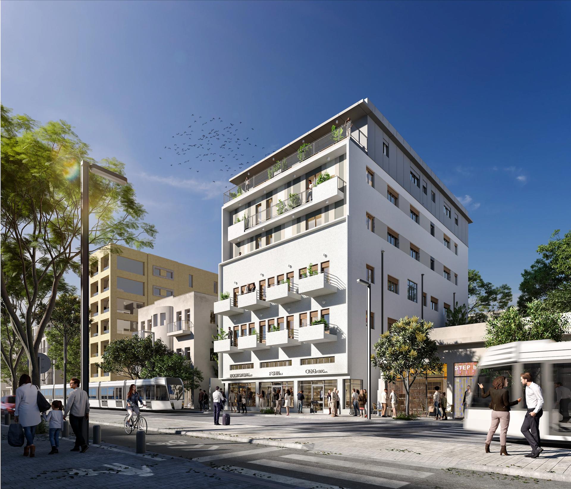 הדמיה של בניין ברחוב אלנבי העתידי של תל אביב. בחזית הבניין בקומת הקרקע חנויות, לפני הבניין רכבות קלות ואנשים צועדים במדרחוב, נוסעת על אופניים